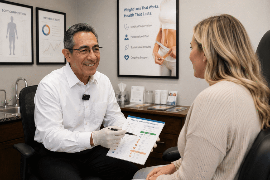 Dr. Mark Paz discussing a personalized medical weight loss plan with a patient during a physician-led consultation at NuVida Medical and Aesthetics