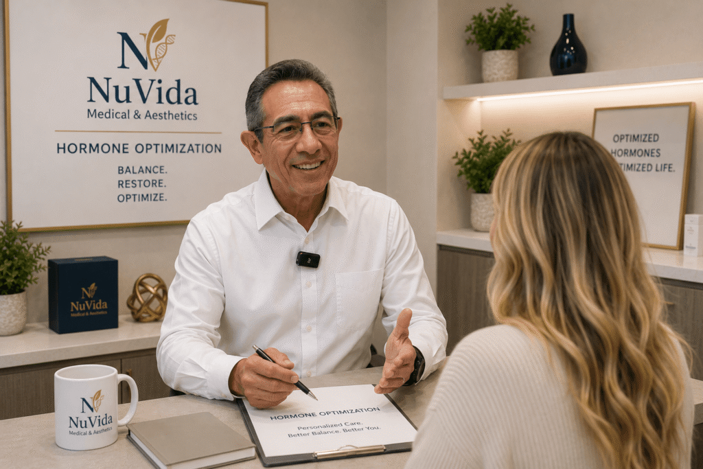 Dr. Mark Paz discussing hormone optimization and bioidentical hormone replacement therapy with a patient during a personalized consultation at NuVida Medical and Aesthetics