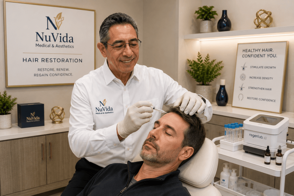 Dr. Mark Paz performing a hair restoration treatment for men and women using regenerative scalp injections at NuVida Medical and Aesthetics