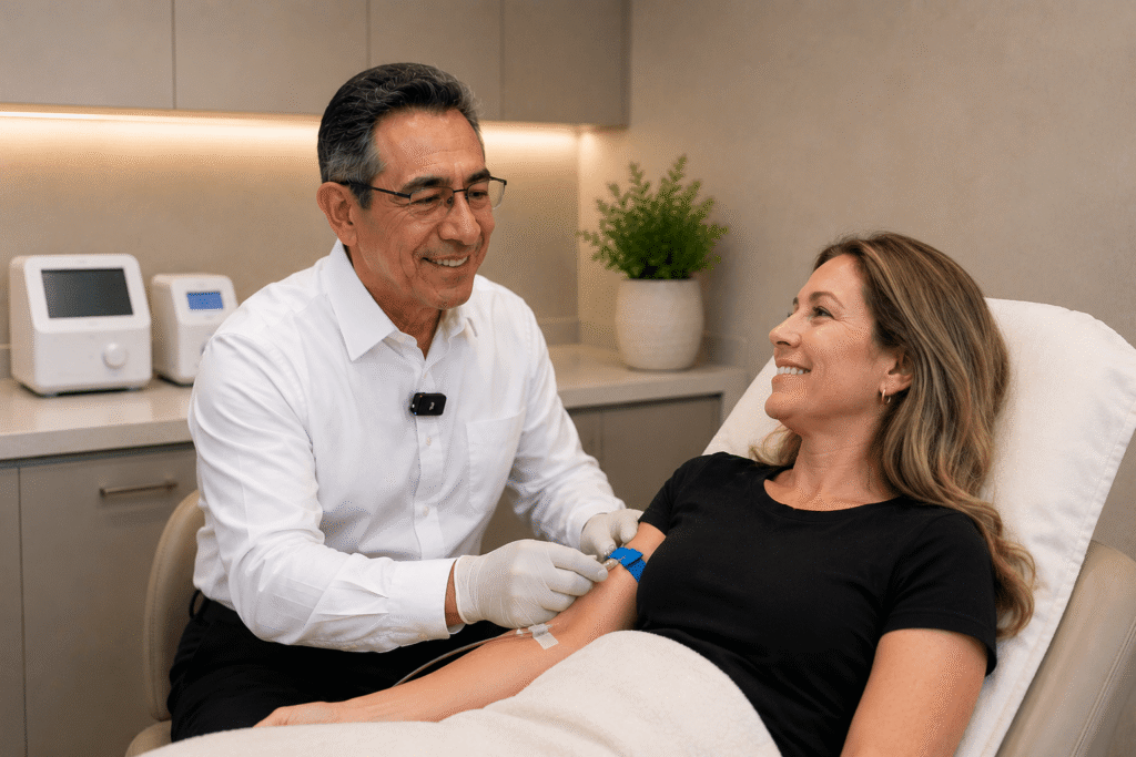 Dr. Mark Paz performing physiologic insulin resensitization (PIR) therapy for a patient at NuVida Medical and Aesthetics as part of personalized insulin resistance treatment