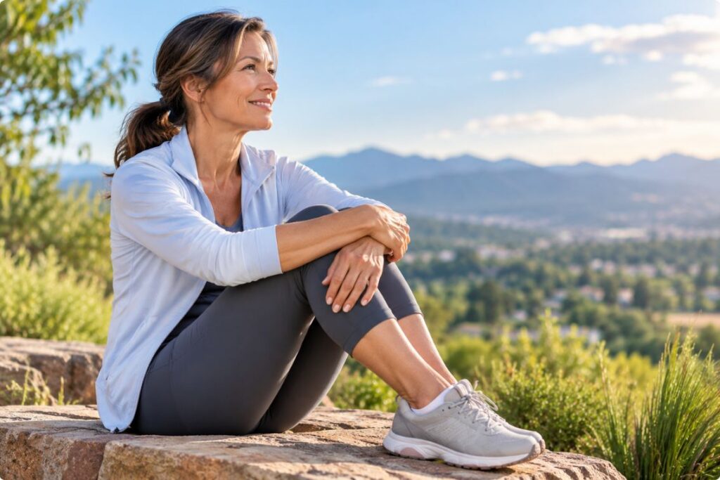 Active woman enjoying an outdoor mountain setting during neuropathy therapy in Highlands Ranch, CO