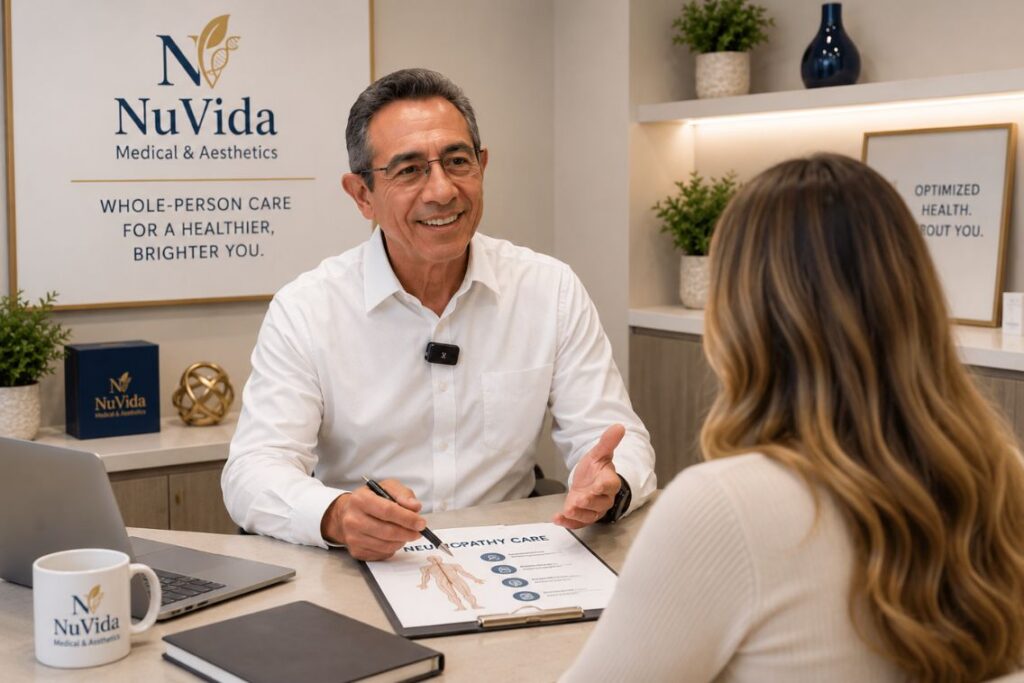 Dr. Paz discussing neuropathy care with a patient at NuVida Medical & Aesthetics in Highlands Ranch, CO